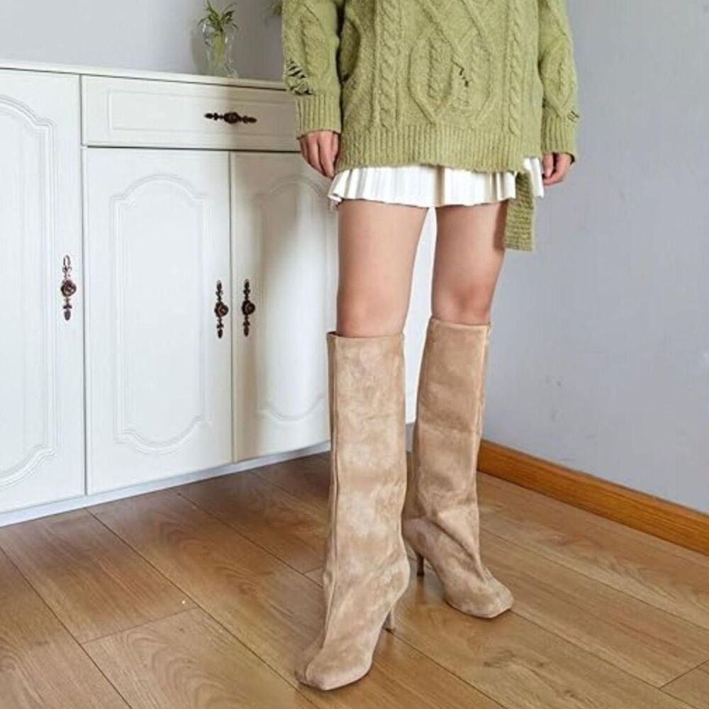 Futuristic Ultra Wide Square Faux Suede Nude Cream Knee High Straight Boots 7